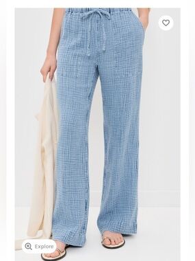 FAHERTY Dune Cotton Gauze Drawstring Wideleg Pants Blue Sz Medium Coastal Lounge